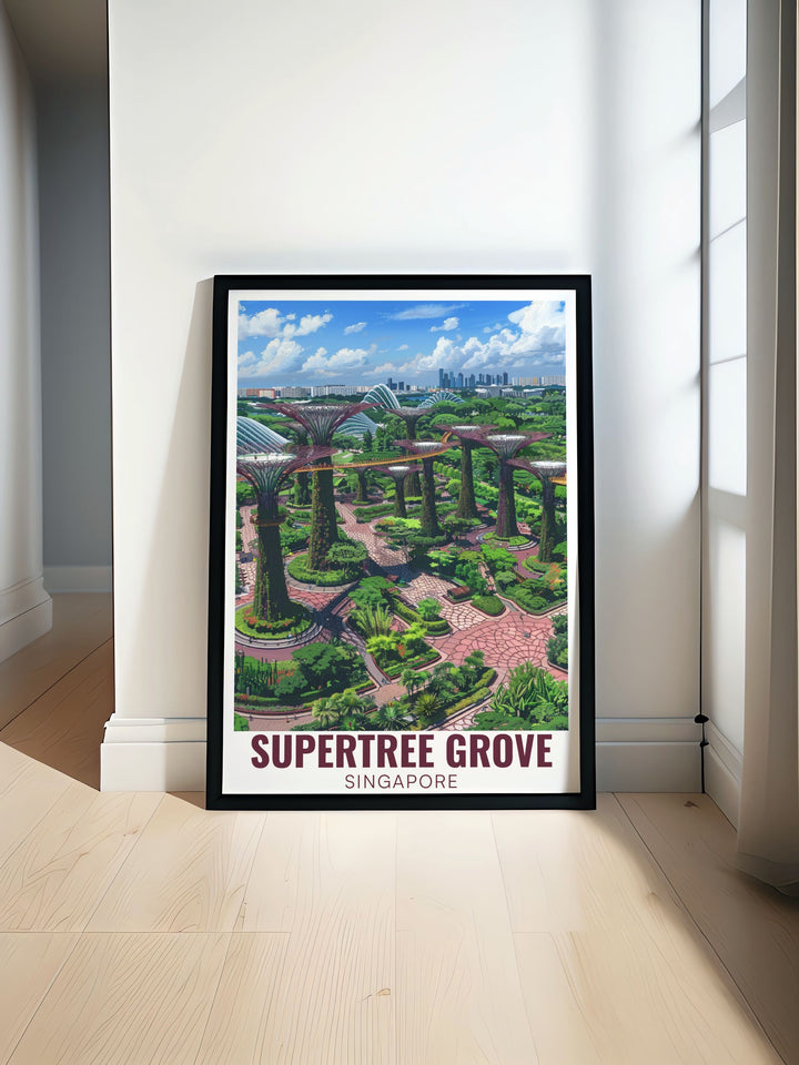 Aerial view of Supertree Grove in Singapore highlighting vibrant greenery and architectural beauty. This stunning art print adds elegance to any room and is ideal for those who love modern decor and travel inspired designs.