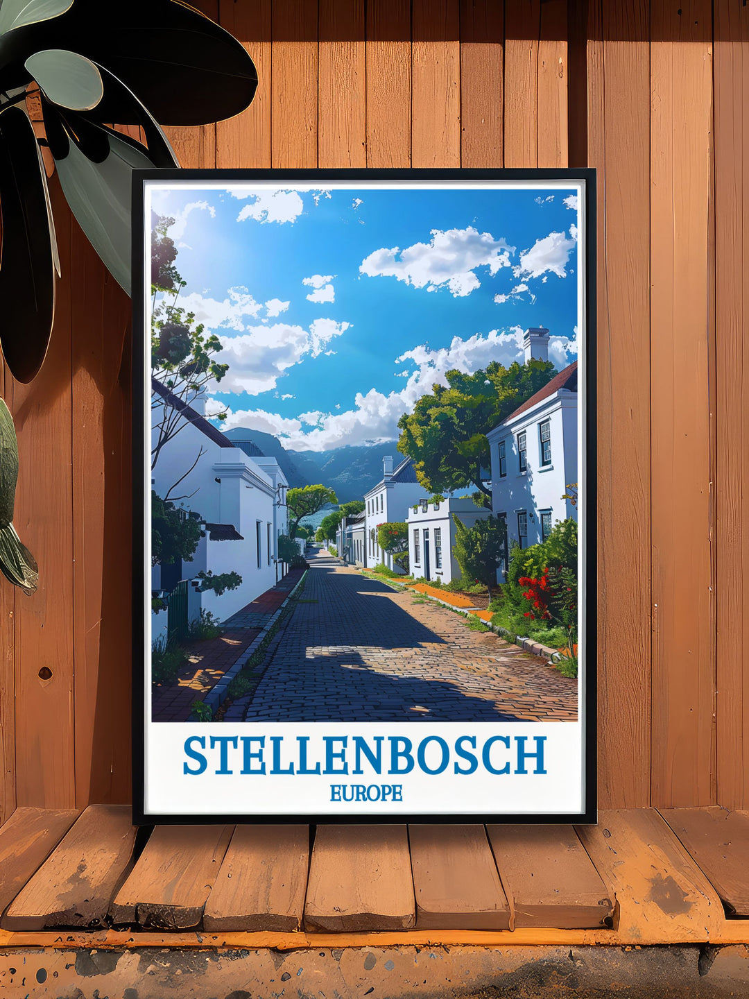 Discover the picturesque landscape of Stellenboschs Dorp Street with this exquisite travel poster, illustrating the historic charm and cultural significance of the area.