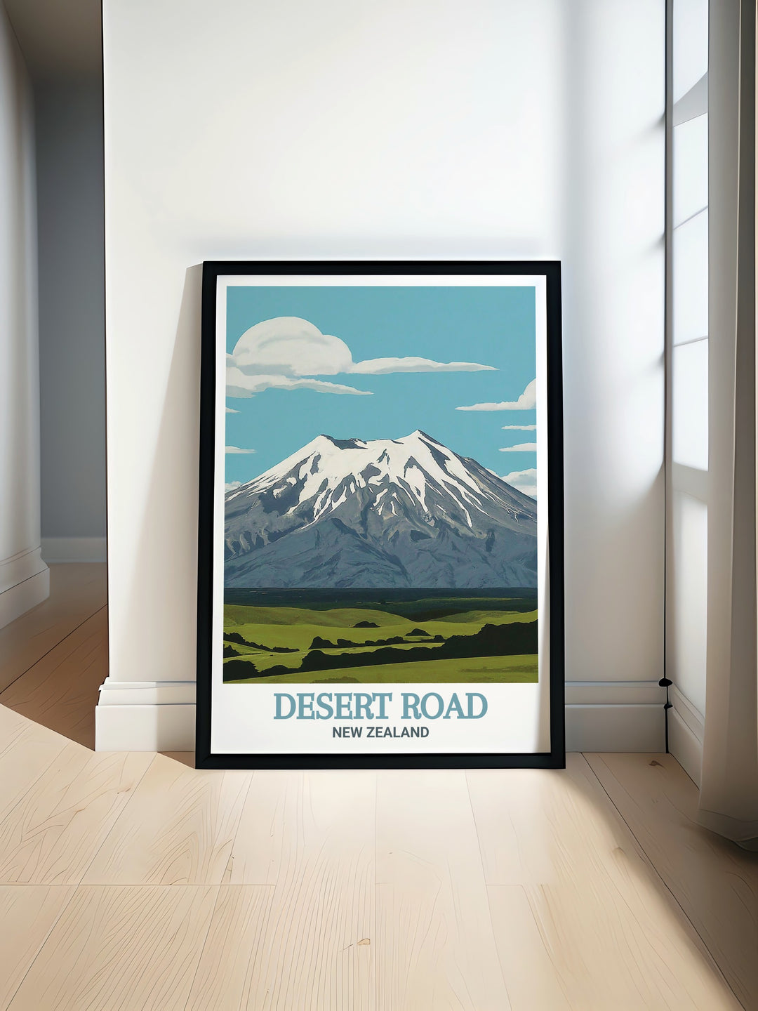 Desert Road Art Print featuring a vibrant and colorful landscape ideal for those who appreciate adventure paired with Mount Ruapehu Modern Prints showcasing the majestic peaks of New Zealand for a stunning addition to any living room or office.