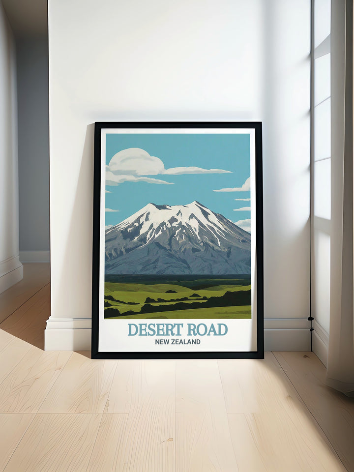 Desert Road Art Print featuring a vibrant and colorful landscape ideal for those who appreciate adventure paired with Mount Ruapehu Modern Prints showcasing the majestic peaks of New Zealand for a stunning addition to any living room or office.