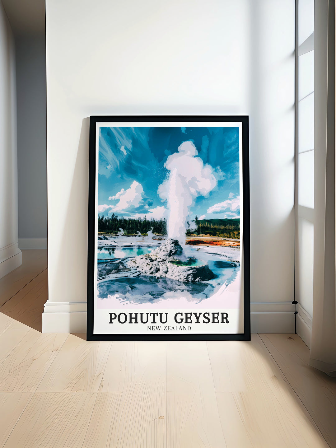 Experience the geothermal wonder of Rotorua with this travel print of Pohutu Geyser and Wairakei. The art captures the vibrant energy of New Zealands natural landscapes, making it perfect for home decor or a thoughtful gift for travel lovers.