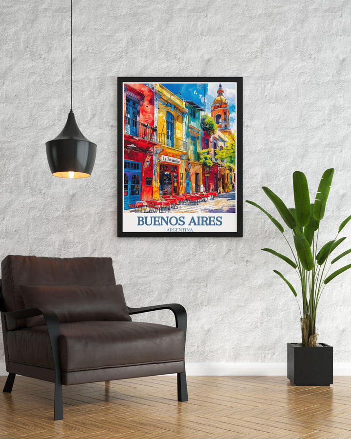 Highlighting the serene vistas of Buenos Aires and the bustling atmosphere of Caminito street, this travel poster is perfect for those who appreciate the scenic and historical richness of Argentina.