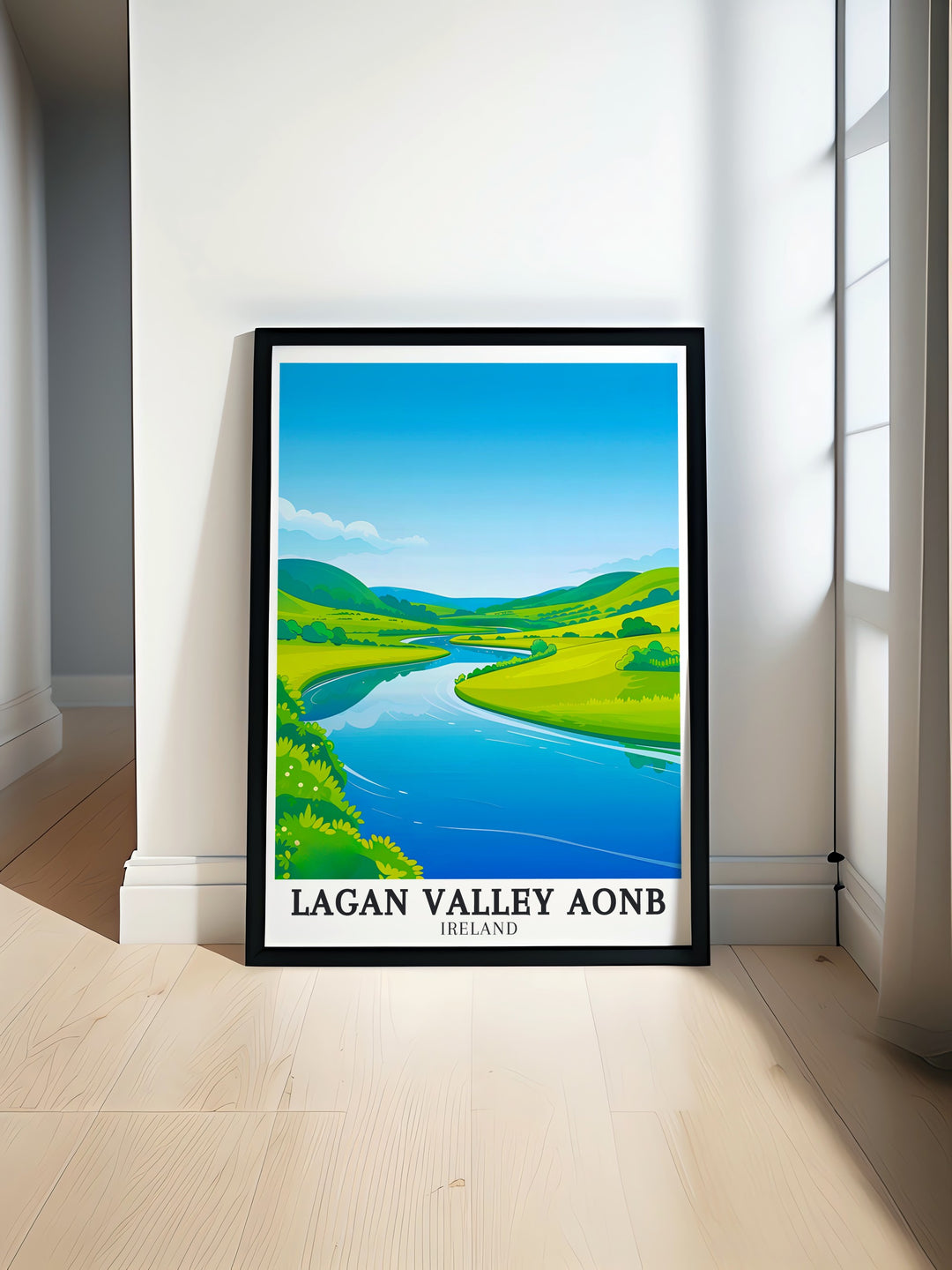 Discover Northern Irelands beauty with Mourne Mountains River Lagan modern prints. This stunning travel print of Lagan Valley AONB brings Belfast and County Down into your home creating a peaceful and scenic atmosphere perfect for any living room decor.