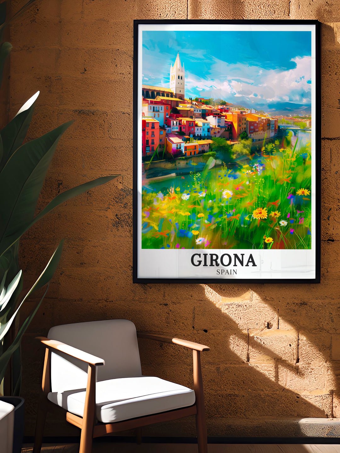 Girona travel decor showcasing a detailed print of the Girona Cathedral and the Onyar River. This Spain wall art highlights the historical significance of the cathedral and the natural beauty of the river, making it a meaningful gift for lovers of Spanish culture