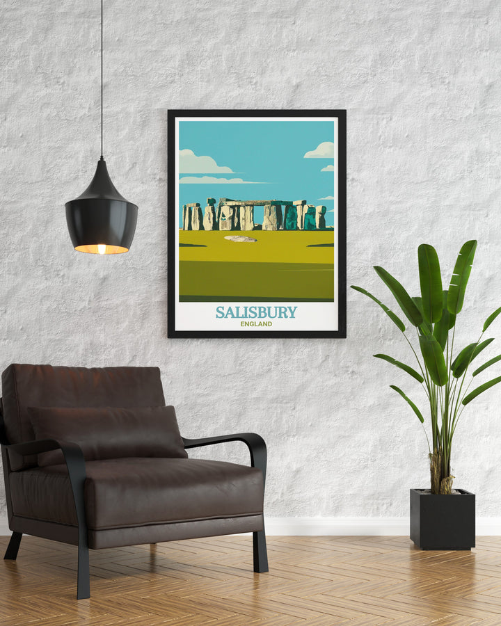 Canvas print of Salisbury Cathedral and Stonehenge, offering a stunning representation of Englands rich historical landscape. Ideal for creating a focal point in any room, this artwork celebrates Englands cultural treasures.