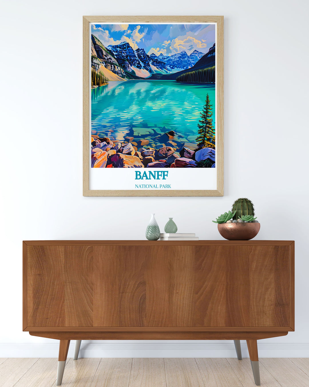 Banff National Park travel poster highlighting the parks famous Moraine Lake, perfect for enthusiasts of Canadian landscapes and natural beauty.