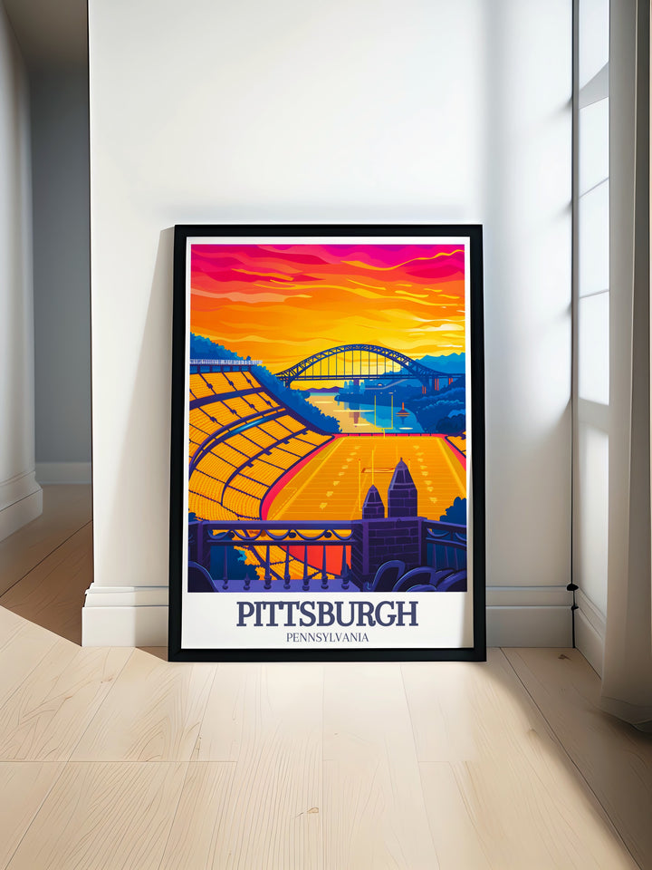 Experience the vibrant spirit of Pittsburgh with a stunning travel poster featuring Fort Pitt Bridge and Heinz Field. Perfect for art and collectibles enthusiasts this digital print brings the citys charm and history into your home with a contemporary touch.