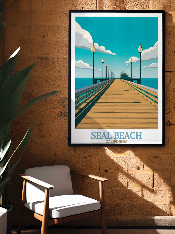 Seal Beach Travel Print captures the serene charm of the Seal Beach Pier, offering a peaceful view of Californias coastline. This wall art is ideal for anyone who loves the beach and the history of Californias coastal landmarks. A thoughtful gift or home décor piece.