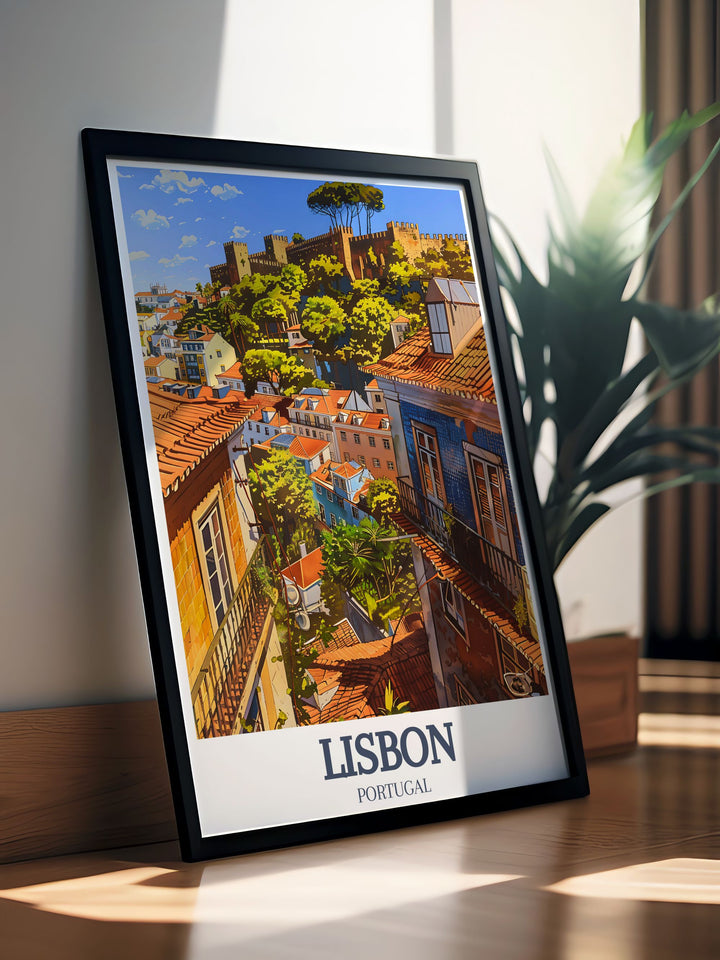 Alfama District and Sao Jorge Castle Modern Prints bring the historic charm of Lisbon into your home. This Portugal Travel Art is ideal for adding a touch of elegance and culture to your living room, bedroom, or office space.