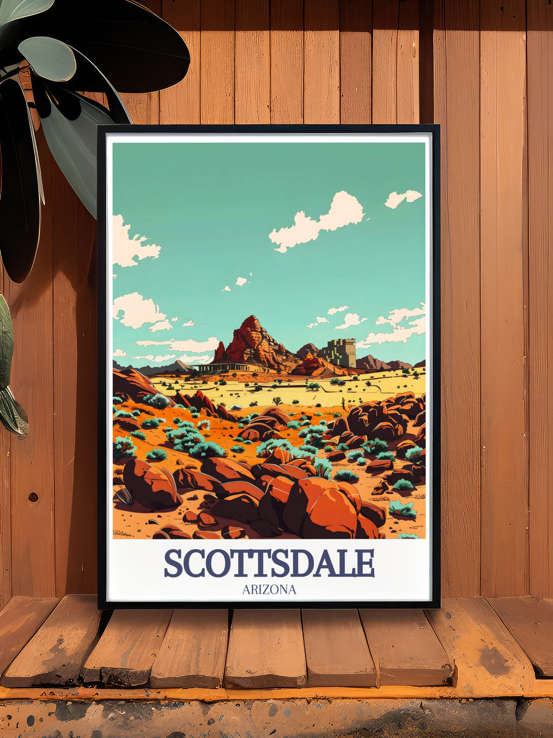 The perfect addition to your home décor, this Scottsdale art print showcases the striking Camelback Mountain and Taliesin West, Frank Lloyd Wrights desert masterpiece. This travel poster celebrates the charm and inspiration of Arizonas iconic city.