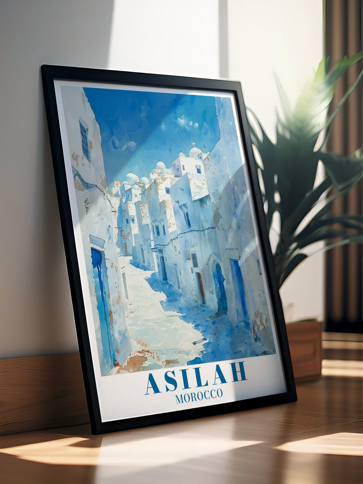 Wall art capturing the beauty of the Medina of Asilah, with its colorful murals and whitewashed walls, offering a perfect blend of Moroccan tradition and artistic expression. This print is ideal for bringing a piece of Moroccos vibrant culture into your home.