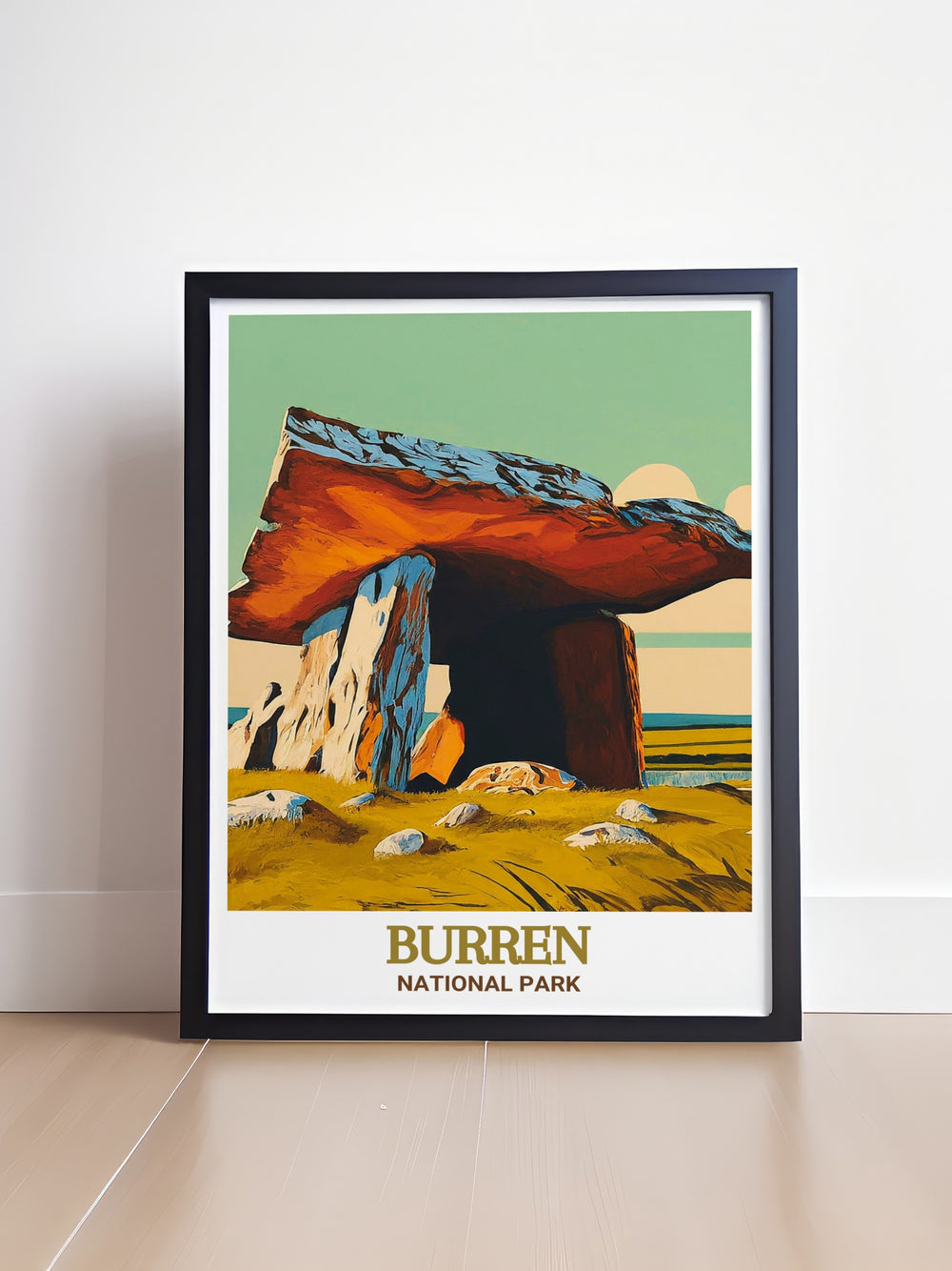 An art print of Burren National Park in Ireland, highlighting the parks distinctive limestone pavement and vibrant wildflowers. This detailed depiction is perfect for anyone who loves the natural beauty and geological wonders of Irelands unique landscapes.