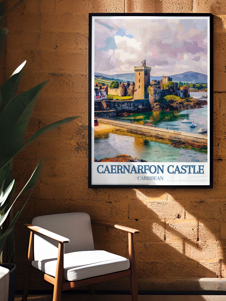 Unique artwork of Caernarfon Castle featuring Menai Strait and Snowdonia Ranger, perfect for personalized gifts or home decor. This print captures the essence of Wales most scenic and historic locations.