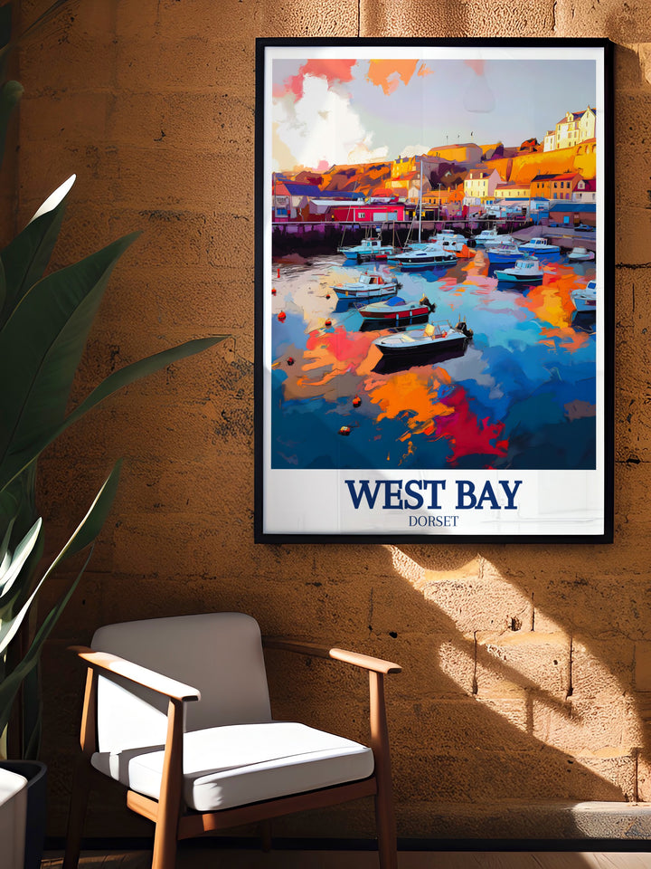 Bridport travel poster showcases the rich history and coastal charm of this market town near West Bay. Ideal for those who appreciate both modern culture and historical significance, this artwork offers a stylish and elegant addition to any home or office.