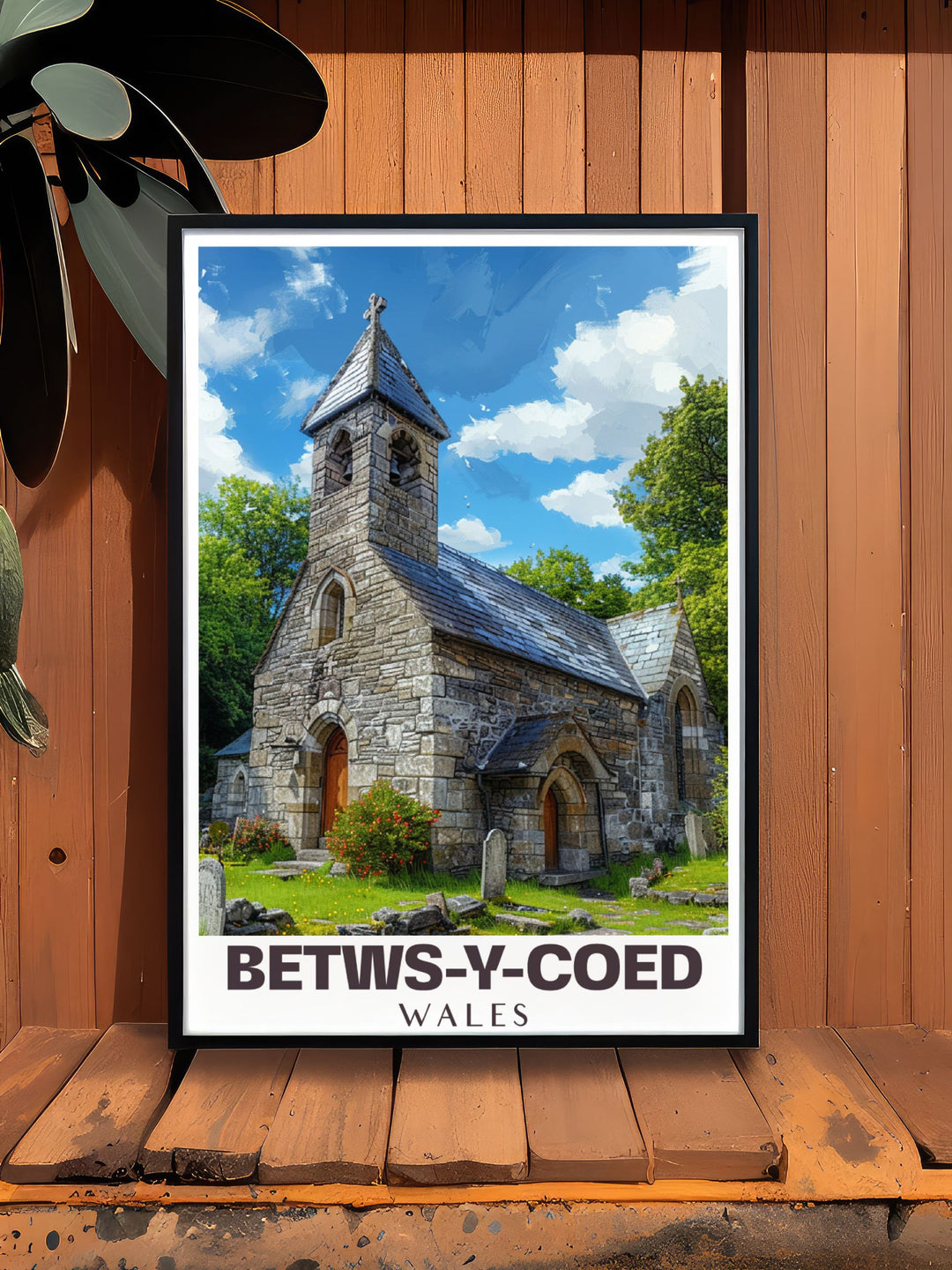 Betws y Coed travel print highlighting the historic St. Michaels Old Church a beautiful addition to any collection of Wales wall decor perfect for creating a serene and inspiring atmosphere in your living space or as a thoughtful present.