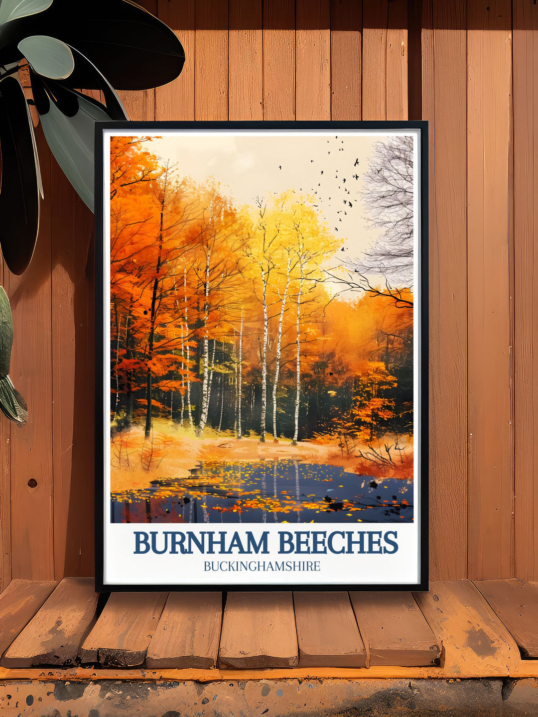 Captivating Burnham Beeches poster featuring the serene Upper Pond and the quaint village of Farnham Common, showcasing the beauty of the British countryside. Perfect for adding a touch of nature to your home decor.