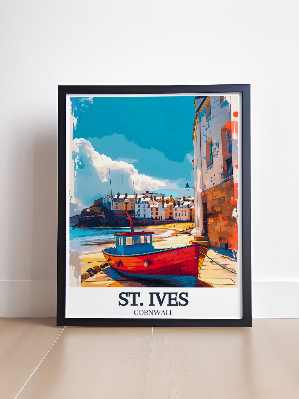 Explore the charming blend of history and coastal beauty in St. Ives and Porthmeor Beach with this detailed travel poster, celebrating Cornwalls iconic destination.