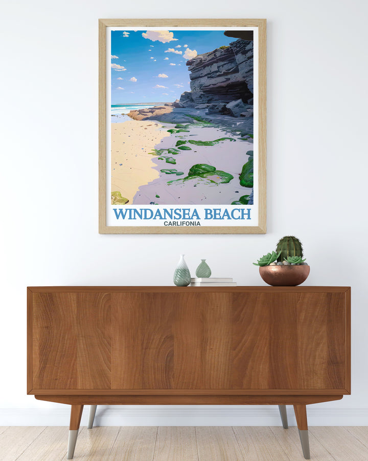 Windansea Beach Gift print featuring iconic rock formations and coastal charm of San Diego. This vintage poster adds a nostalgic touch to any room and is a great personalized gift for those who cherish Californias beautiful beaches and scenic views.