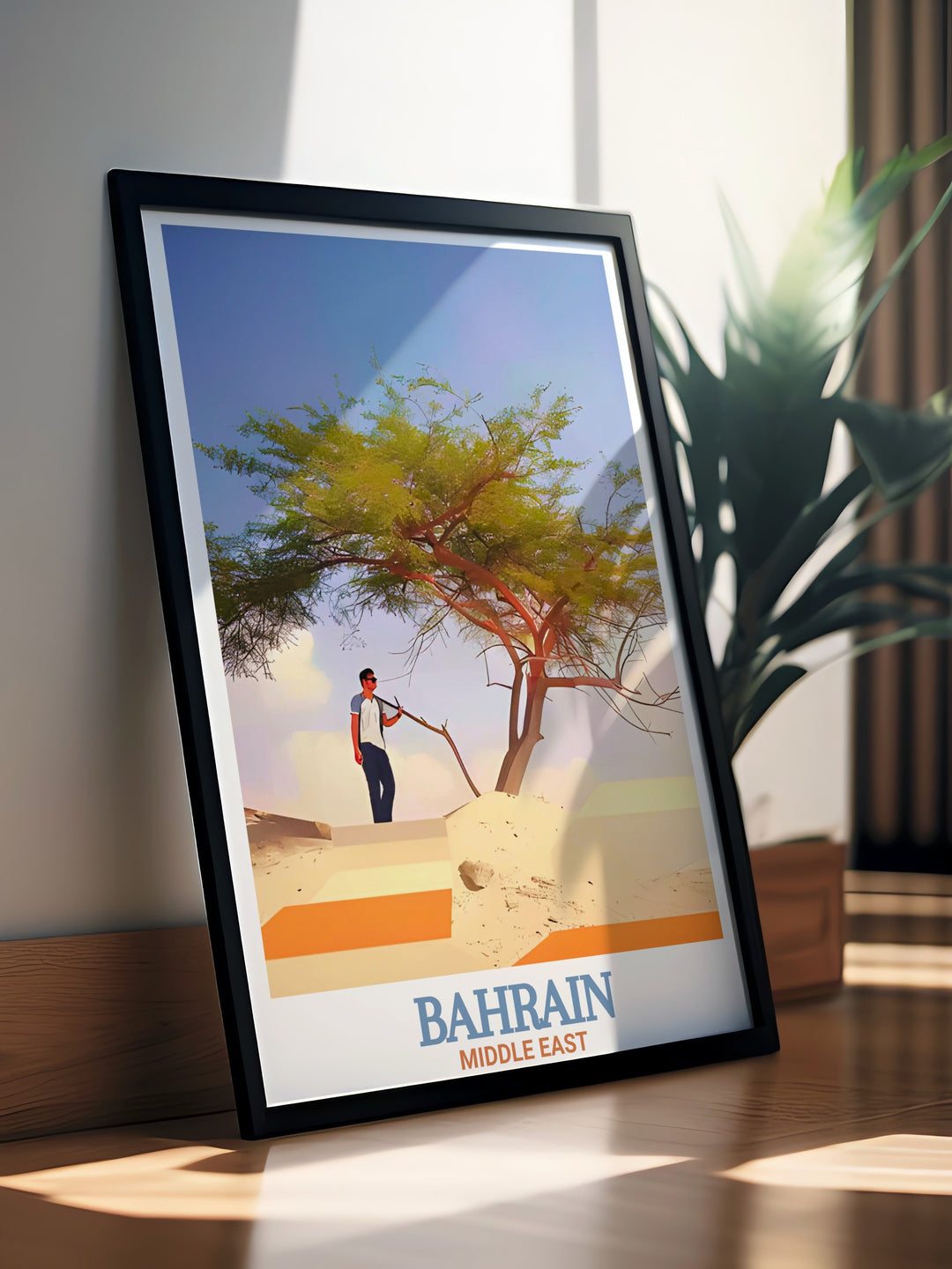 Stunning Bahrain Wall Art highlighting the Tree of Life against a backdrop of the desert perfect for travel enthusiasts and art lovers looking to add a touch of the Middle East to their space.