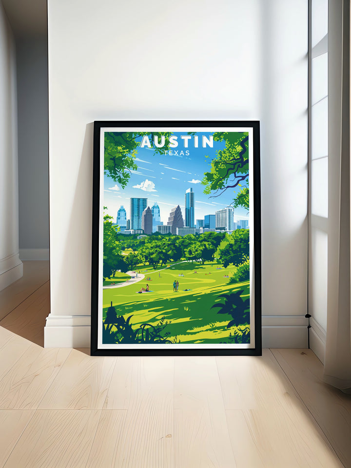 Bonnaroo Poster featuring vibrant festival scenes and Zilker Park City view artwork perfect for music lovers and home decor enthusiasts with stunning modern art