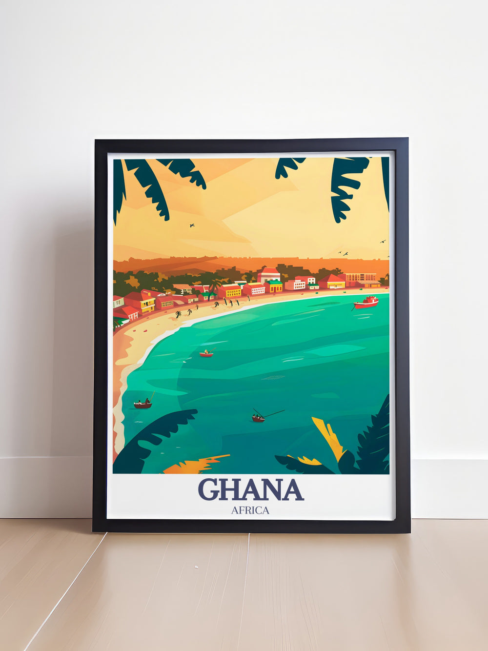 This Labadi Beach canvas art captures the serene atmosphere of Ghanas famous beach while blending it with Accras dynamic skyline. Its the perfect travel print for those who love coastal décor and African landscapes.