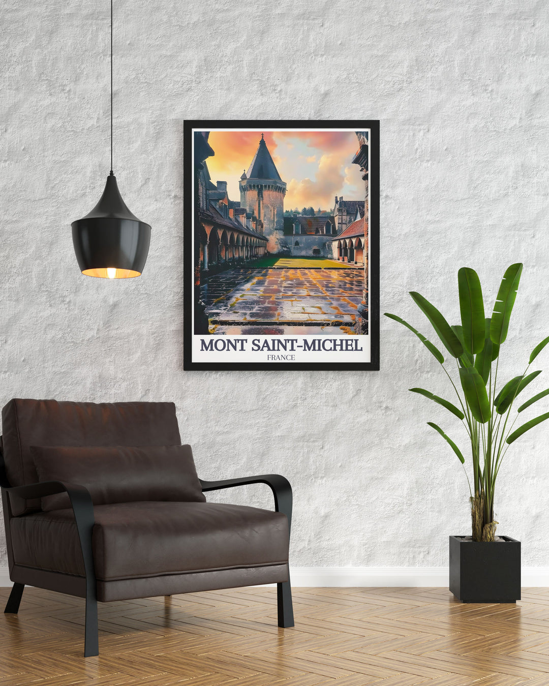 Elegant home decor with Mont Saint Michel artwork featuring The Abbey Courtyard perfect wall decor for adding a touch of French charm and historical grandeur to any room in your home.