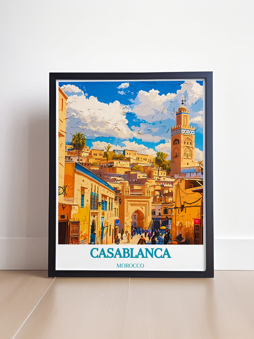 The picturesque scenery of Casablanca with Old Medina as a focal point is featured in this vibrant travel poster, perfect for adding Moroccos unique charm to your home.