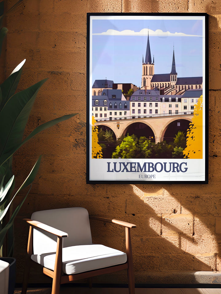 Grand Ducal Palace Canvas Art highlights the beauty of Luxembourgs royal residence alongside the majestic Adolphe Bridge. This travel poster print captures the elegance and grandeur of the citys landmarks, making it a perfect addition to your home or office decor.