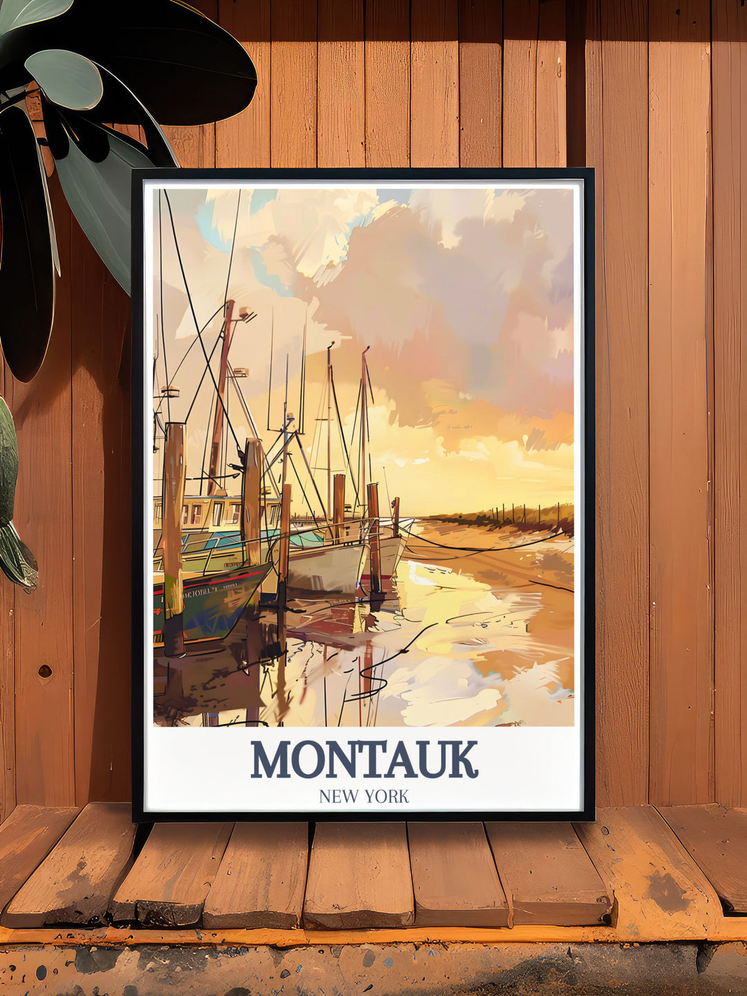 Beautiful Montauk Travel Print with Gosmans Dock and Montauk State Park perfect for creating a focal point in your space and ideal for Mothers Day gifts and home decoration