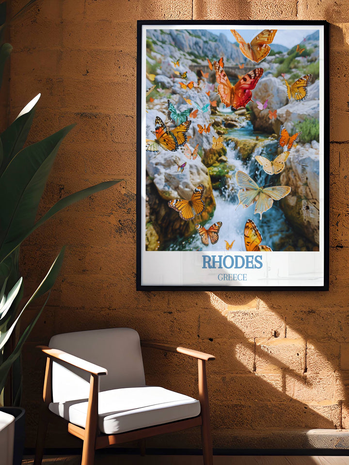 Rhodes Greece Print with Valley of the Butterflies Petaloudes showcases the serene and captivating beauty of this Rhodes landmark. This high quality print is perfect for home decoration or as a memorable gift for travel enthusiasts.