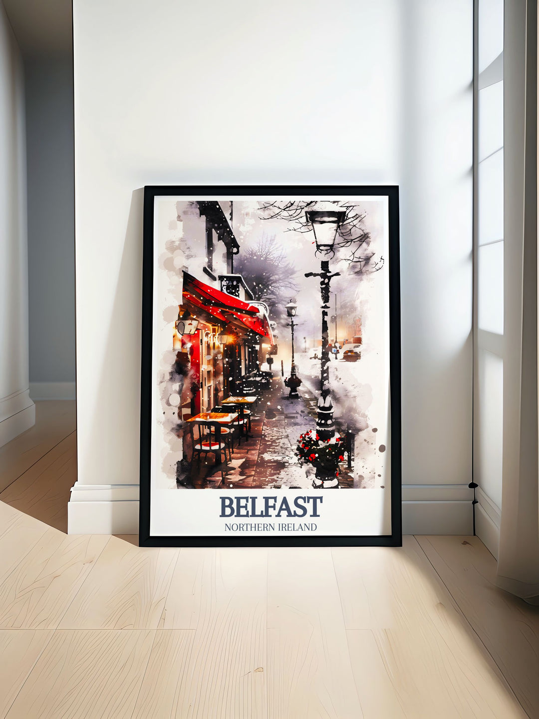 Beautiful Cathedral Quarter Great Victoria Street travel poster showcasing the vibrant life and historic charm of Belfast. Perfect Ireland wall art for adding a touch of UK art to your home decor or as a unique Belfast city gift for friends and family.