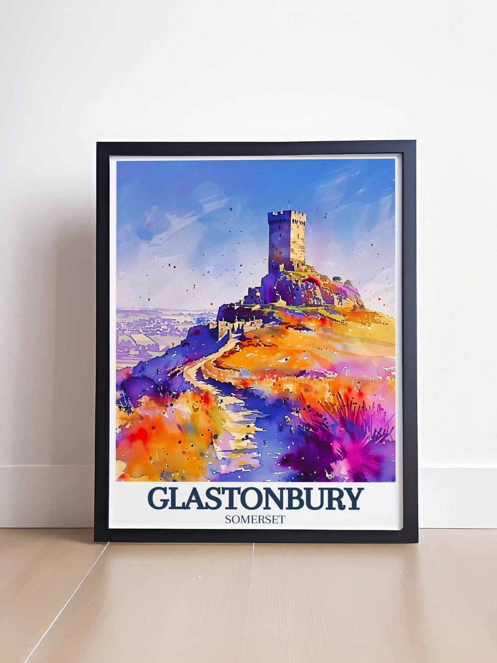 Beautifully detailed Glastonbury Tor artwork showcasing St. Michaels tower and Somerset levels an excellent addition to UK art collections perfect for anyone looking for England travel gifts or stunning wall art to decorate their living space.