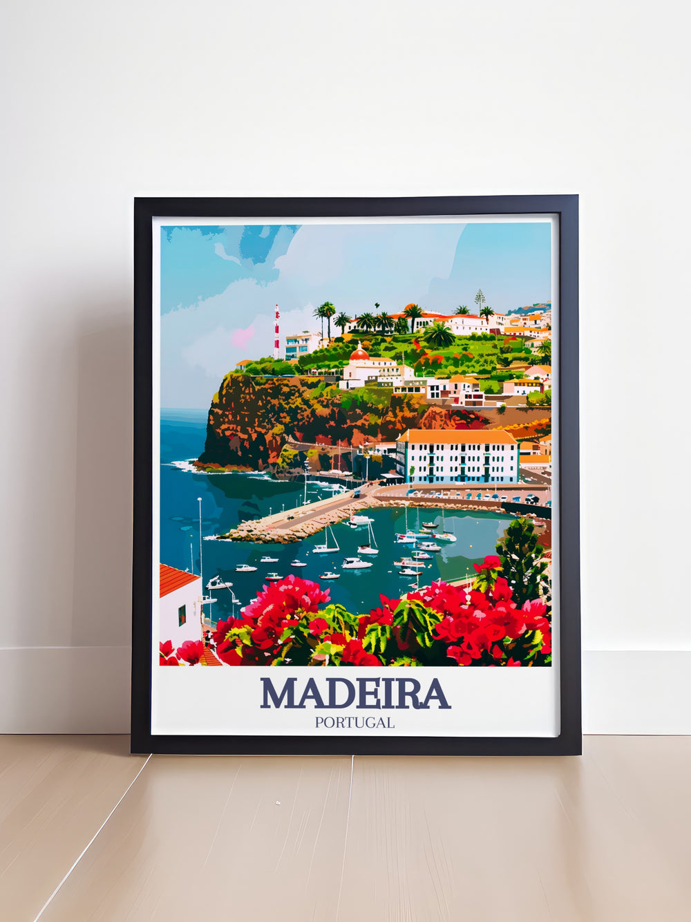 This Madeira poster print features the natural beauty of Madeira Island along with the bustling charm of Funchal Marina. Captured in stunning detail, the artwork brings the islands lush greenery and the peaceful marina scene into your home décor, perfect for travel lovers.