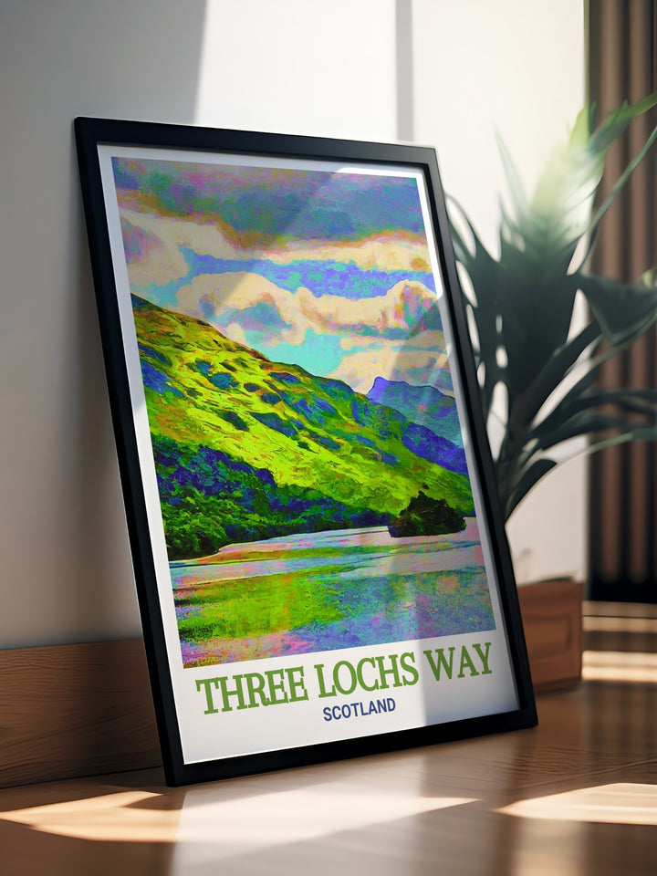 Featuring serene waters and majestic landscapes, this travel print of the Three Lochs Way and Loch Lomond brings the beauty of Scotlands national parks into your living space. A perfect gift for nature lovers, hikers, or anyone captivated by Scotlands great trails.