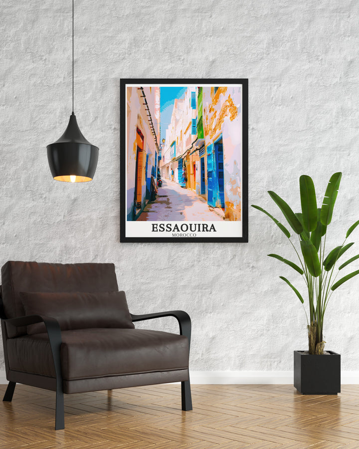 This Essaouira travel poster showcases the beautiful blend of culture and architecture that Morocco is known for. With vibrant colors and stunning details, this print is ideal for bringing a touch of global elegance to any room. Perfect as a gift or for personal decor, it captures the essence of Essaouira.