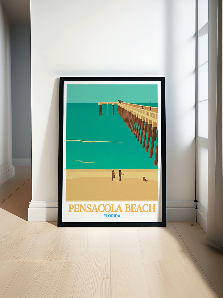 Scenic wall art of Pensacola Beach Pier, featuring vibrant colors and detailed coastal landscapes of Pensacola Beach in Florida. An exquisite addition to any decor. This print brings the tranquil beauty of the Florida coast into your home, providing a constant reminder of its natural charm.