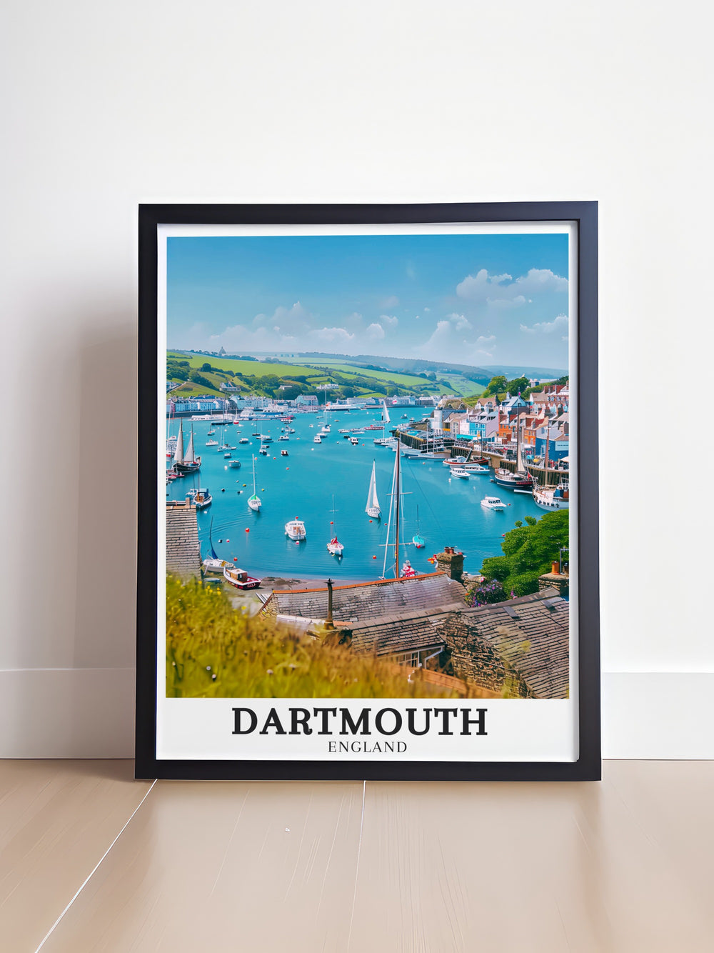 Dartmouths cobbled streets and historic buildings are captured in this vibrant art print, alongside the tranquil flow of the River Dart. A stunning representation of Englands coastal beauty, this poster adds character to any decor.