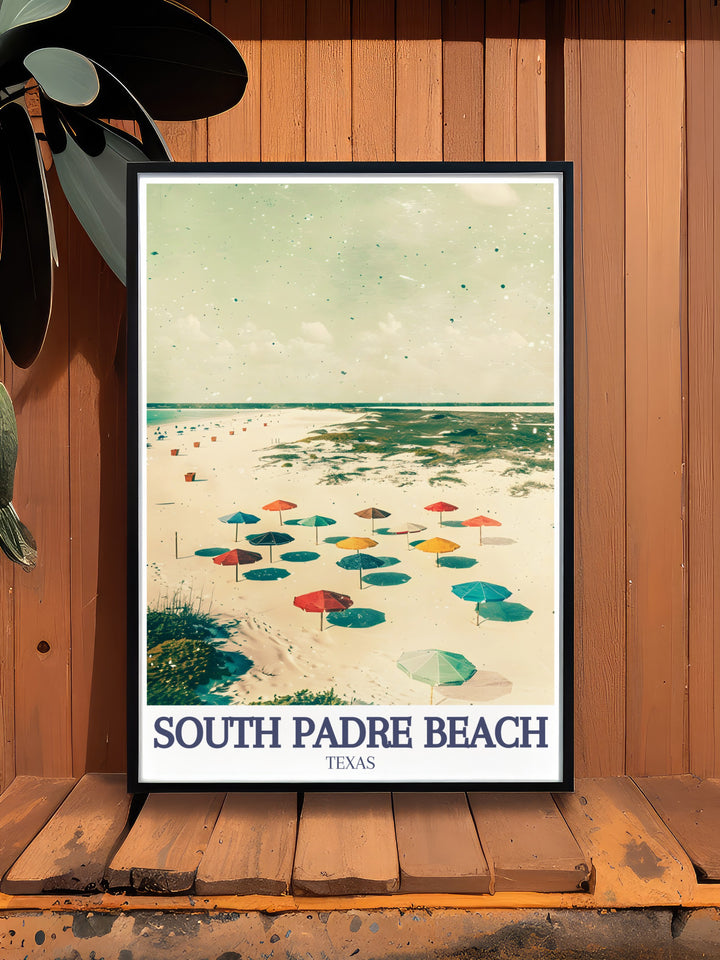 A stunning South Padre Island poster print showcasing the beautiful South Padre Beach and Isla Blanca. This art piece is perfect for beach lovers and travelers, featuring vibrant coastal scenes and capturing the essence of the Texas shoreline. Ideal for wall decor or as a thoughtful gift for island enthusiasts.