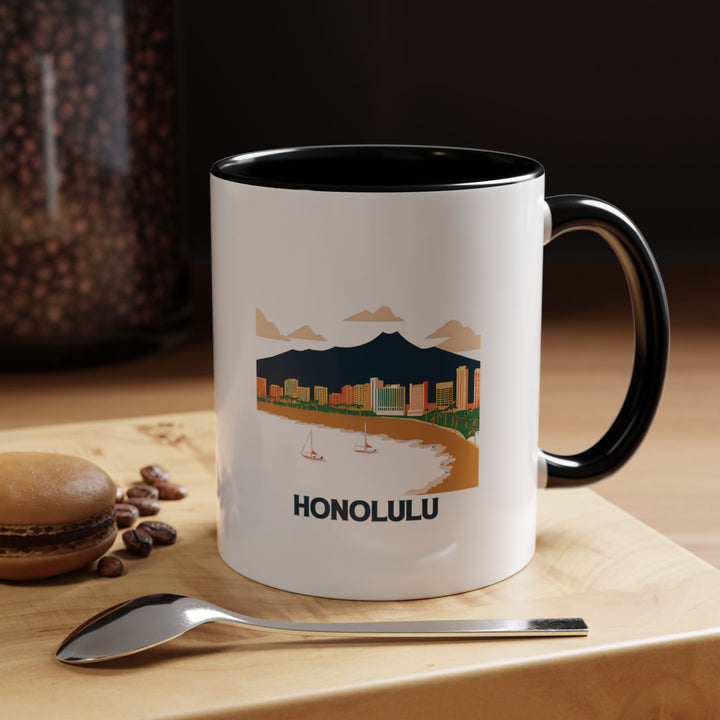 This Honolulu mug highlights the city’s cultural beauty with vibrant artwork. Made from durable ceramic, it is a dishwasher-safe and stylish addition to your drinkware collection or a unique gift idea.