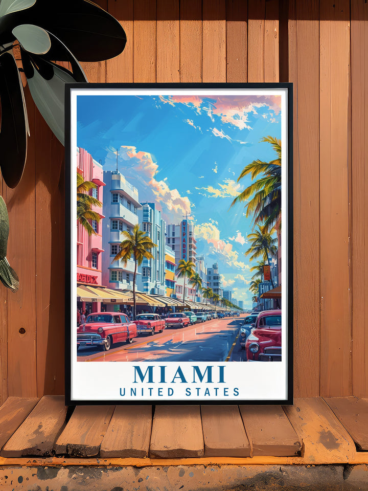 The Art Deco District Wall Art showcases the pastel hues and iconic buildings that define Miami Beachs unique style. This print is an excellent choice for those who appreciate the blend of history and modern design that the city is known for.