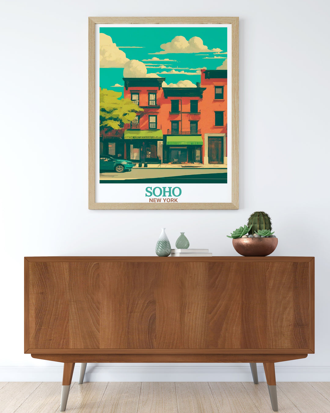 This framed print highlights the rich history and architectural elegance of Londons Soho, with Green Street and the Palladium Theatre as its key elements. The retro travel poster celebrates the artistic and cultural significance of the West End, making it a thoughtful gift for any London enthusiast.