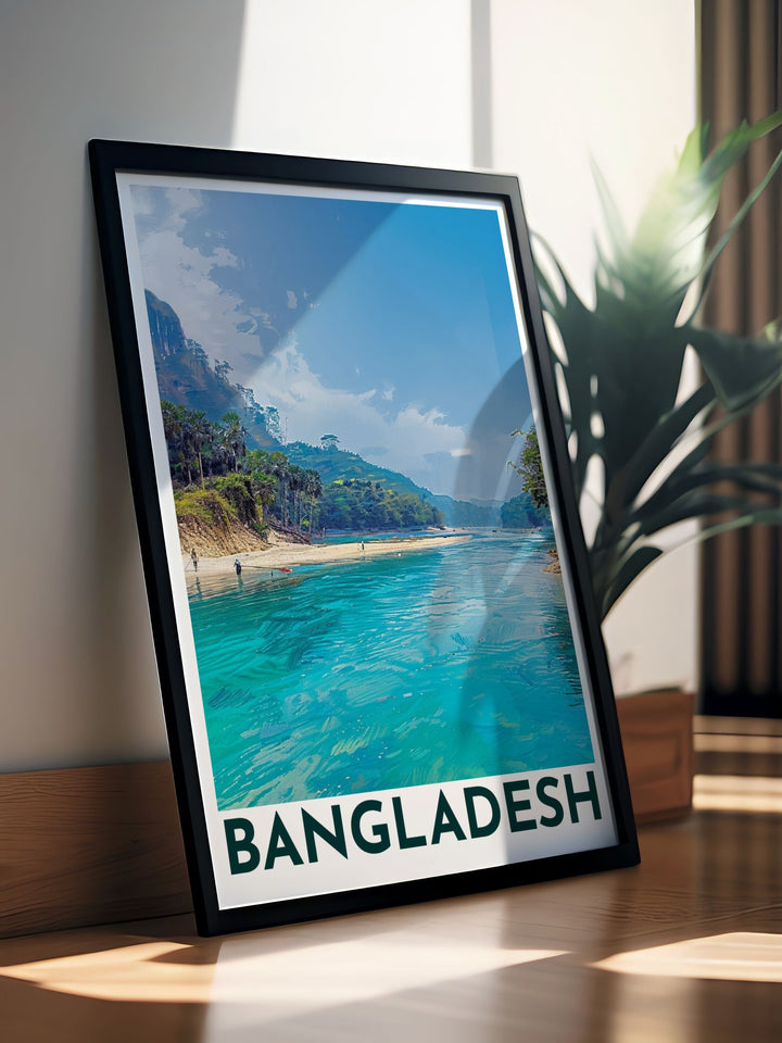 Featuring the picturesque river and surrounding hills of Lalakhal, this travel poster captures the majestic beauty of Bangladeshs Sylhet region, ideal for adventure seekers and travel enthusiasts.