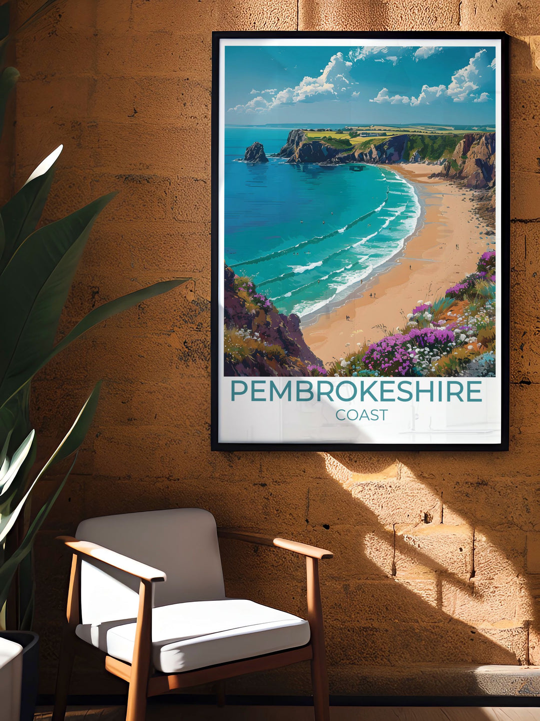 National Park Wales print featuring Barafundle Bay with detailed artwork capturing the natural beauty of the Pembrokeshire Coast perfect for home decor enthusiasts and those who appreciate the serene landscapes of Wales.