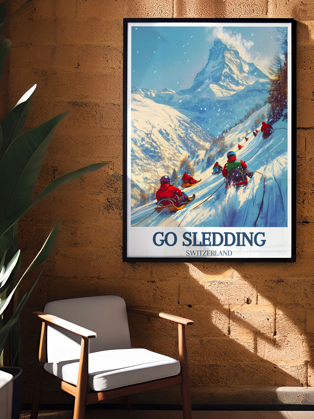 Canvas art depicting the joy of sledding in the Swiss Alps, highlighting the dynamic landscape and festive winter atmosphere of Zermatt.