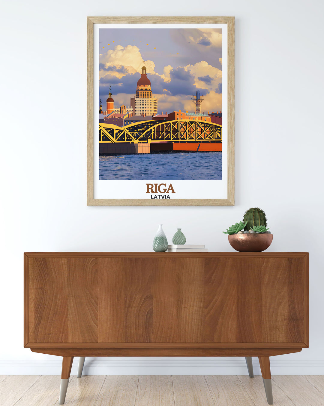 Riga wall poster featuring the peaceful Daugava River, a central landmark in Latvias capital. This print combines art and nature, offering a beautiful view of one of Rigas most scenic spots, perfect for any art lover or traveler.