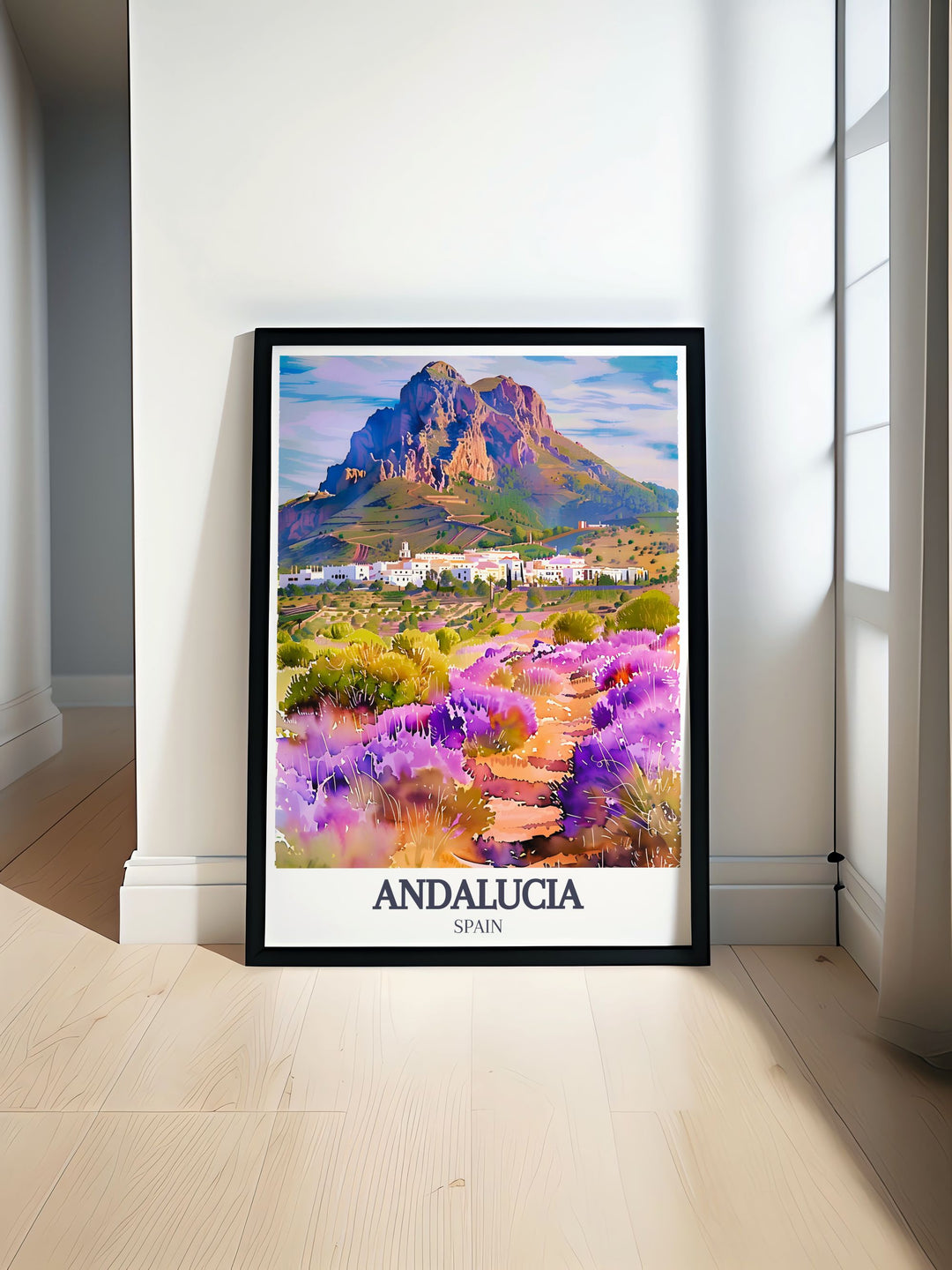 The stunning landscapes of Zahara de la Sierra and the Andalucia hills are showcased in this detailed art print, perfect for those who appreciate the natural beauty of Spain.