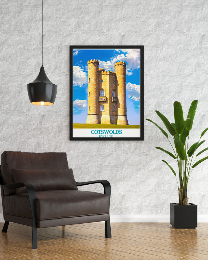 This travel print of Broadway Tower highlights the towers distinctive design and panoramic views, ideal for creating a serene and inviting atmosphere in your living space with the timeless charm of the Cotswolds.