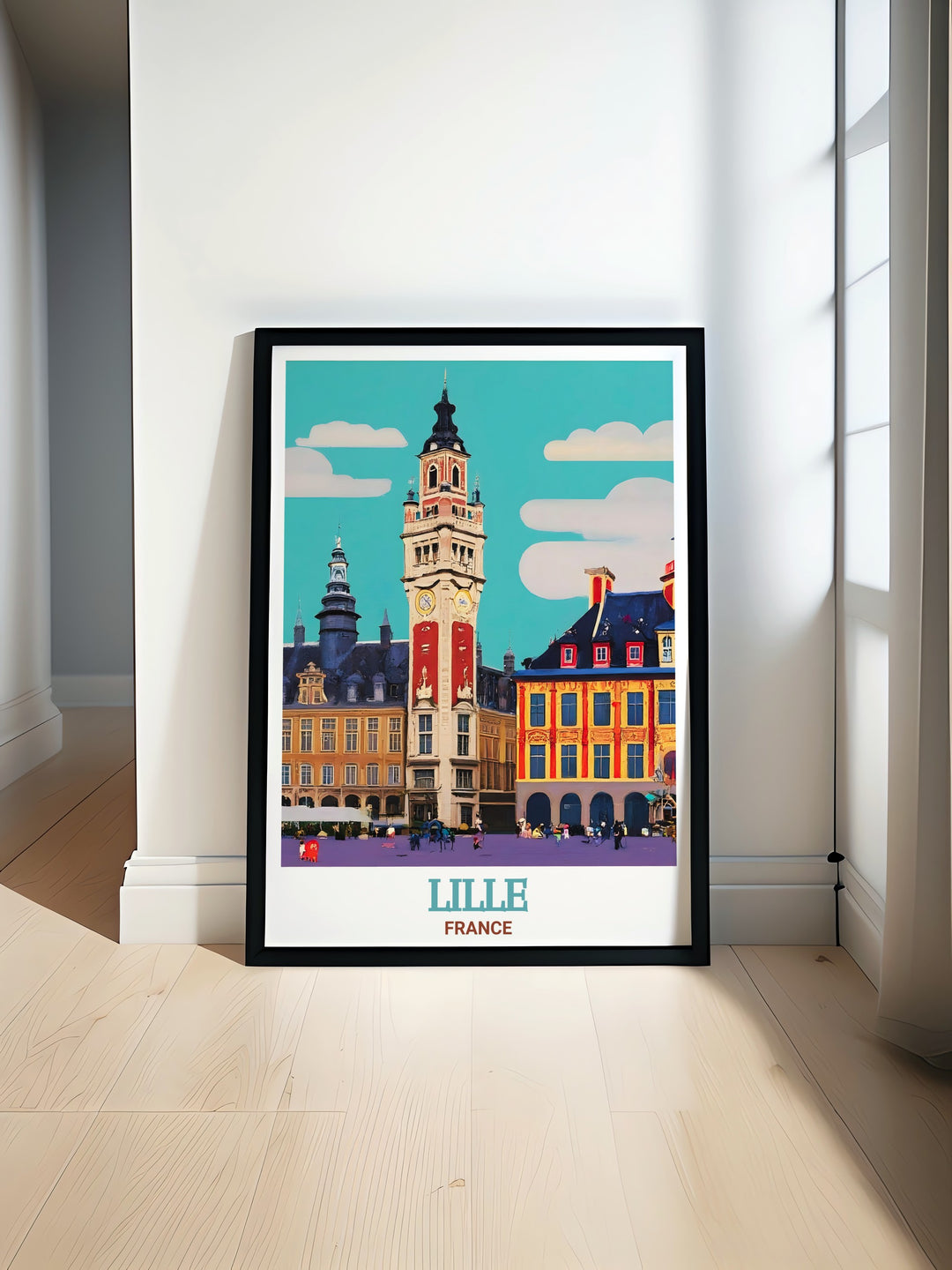 This Lille poster print captures the heart of Northern France, showcasing the historic Grand Place with its stunning classical architecture. Perfect for those who appreciate European art and decor, this artwork brings a sense of French elegance to any room.