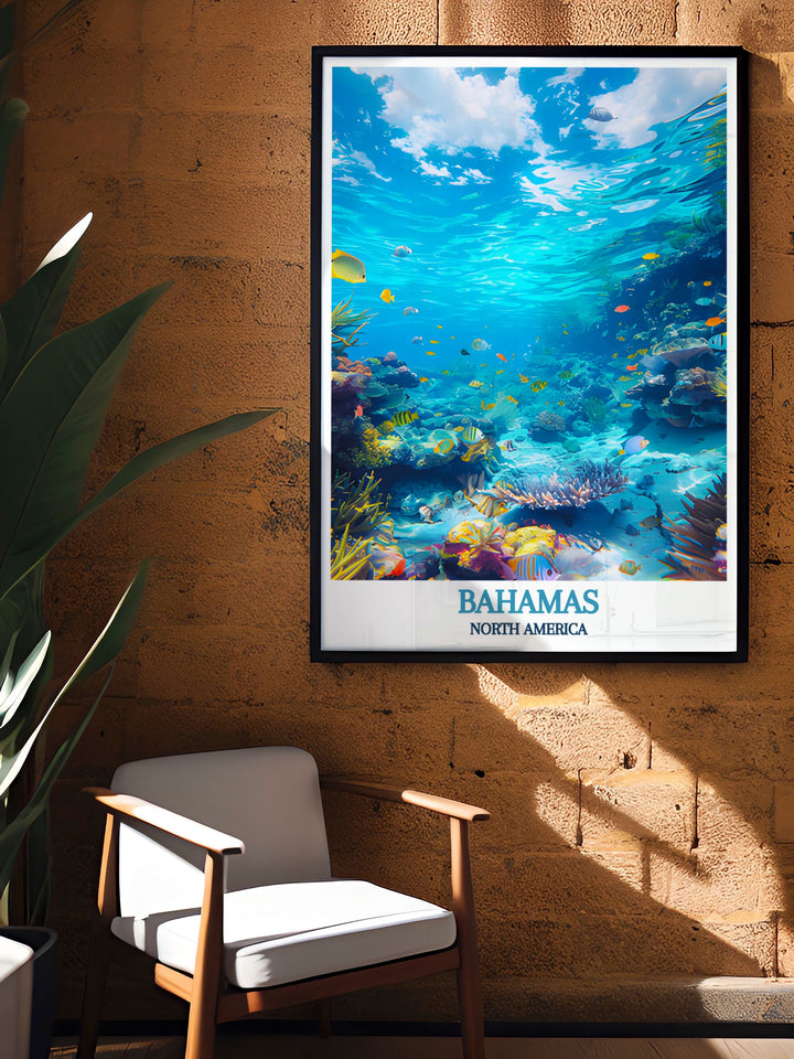Exuma Cays travel poster capturing the essence of adventure in the Bahamas, with a focus on the stunning clarity and biodiversity of the marine park.