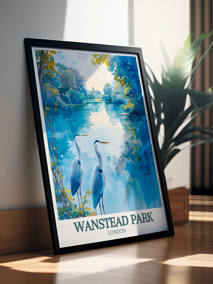 Elegant Wanstead Park framed print highlighting the parks iconic scenery and lush greenery. This artwork is perfect for those who appreciate Londons natural beauty and want to incorporate it into their home decor or office space.